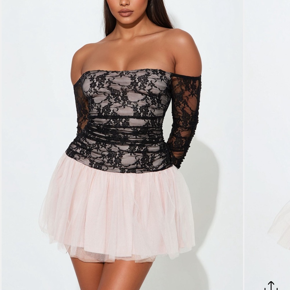 Fashion Nova Black Lace and Pink Tulle Mini Dress WORN ONCE STILL HAS TAGS